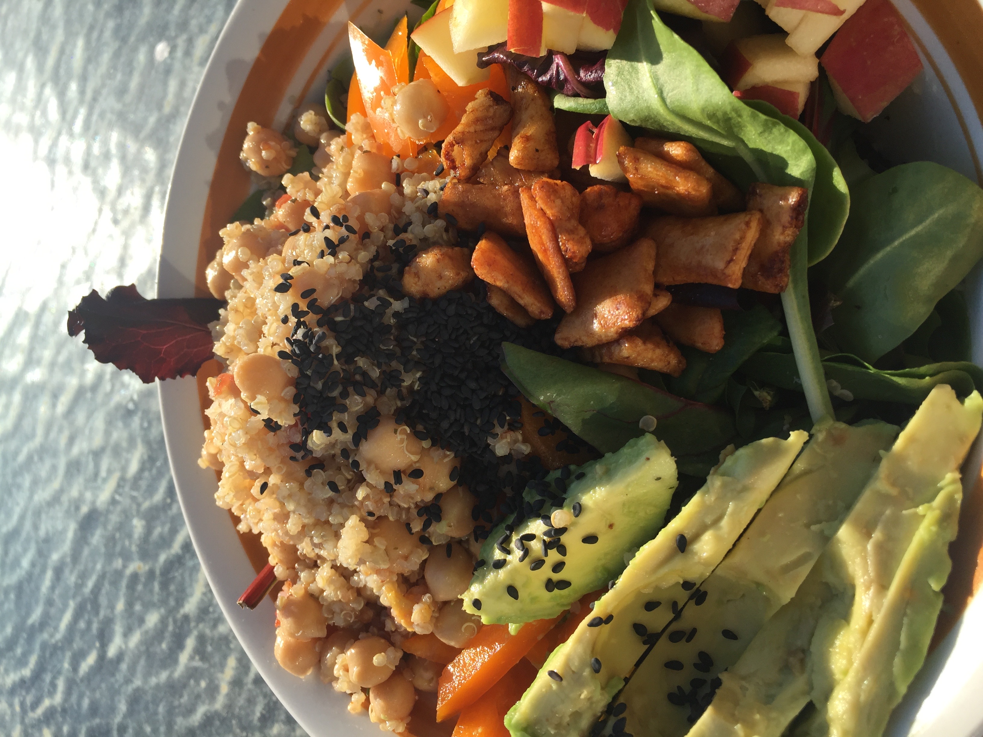 Grain bowl with quinoa, chickpeas, apple, avocado, and spiced chicken by the water