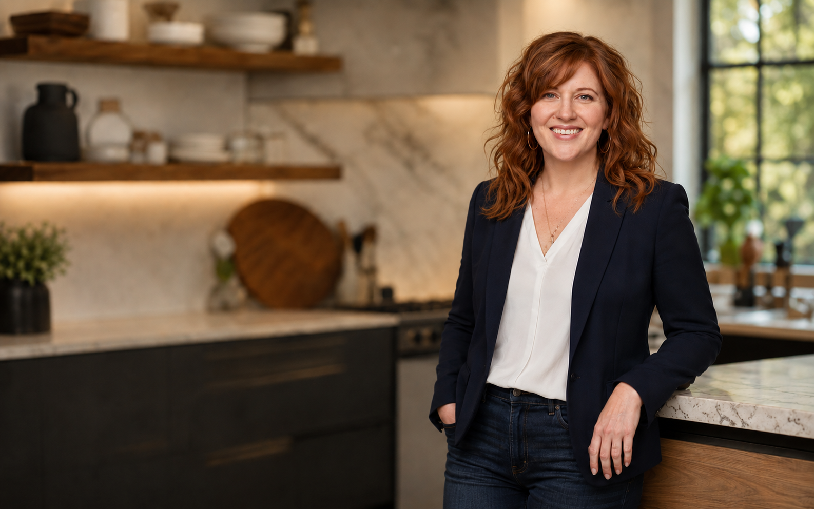 Emily Reilly standing in a warm home kitchen, wearing a navy blazer over a white top