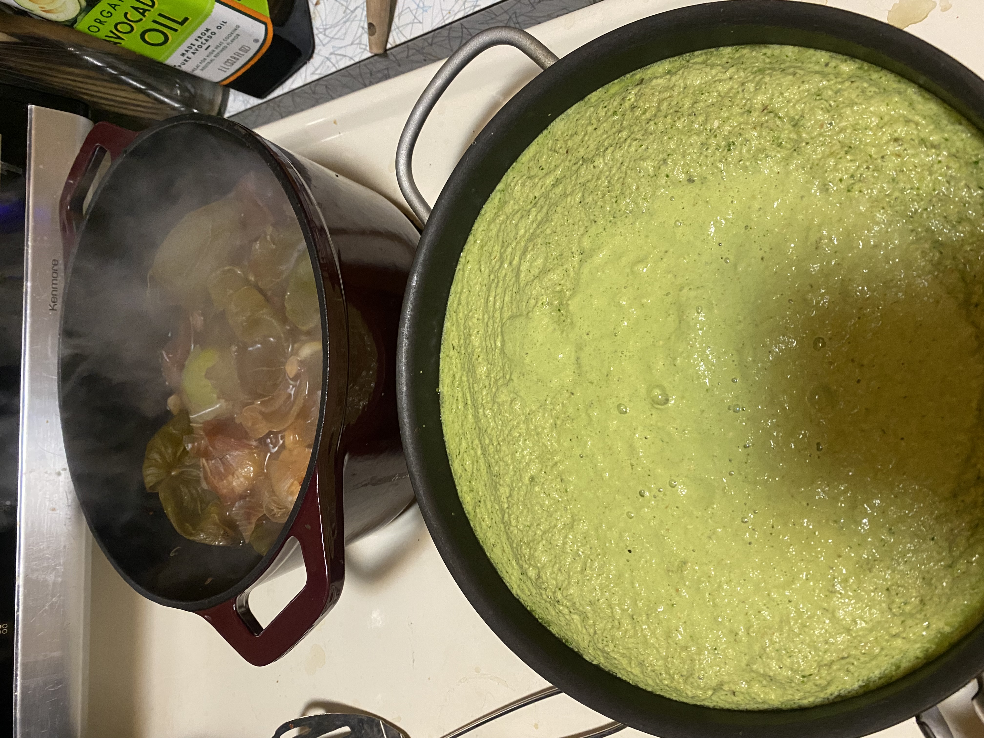 A pot of Pepian verde, a green mole made with toasted pumpkin seeds, mid-process
